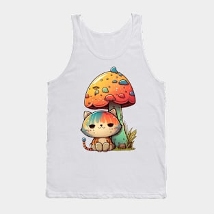 Psychedelic Cat Under Mushroom Cartoon Design Tank Top